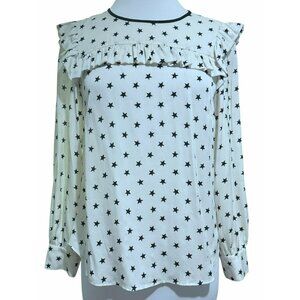 J. Crew Womens Silk Stars Blouse Sz 6 Ruffle Bib Front Long Sleeves Black White